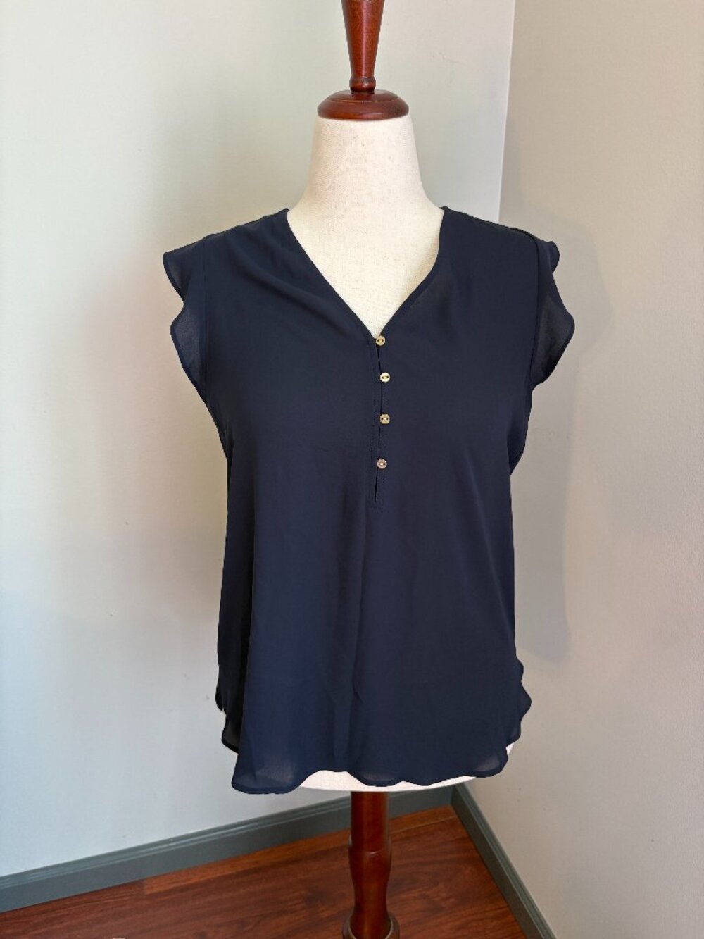 LOFT Navy Flutter Sleeve Blouse Medium Sheer Layered Top